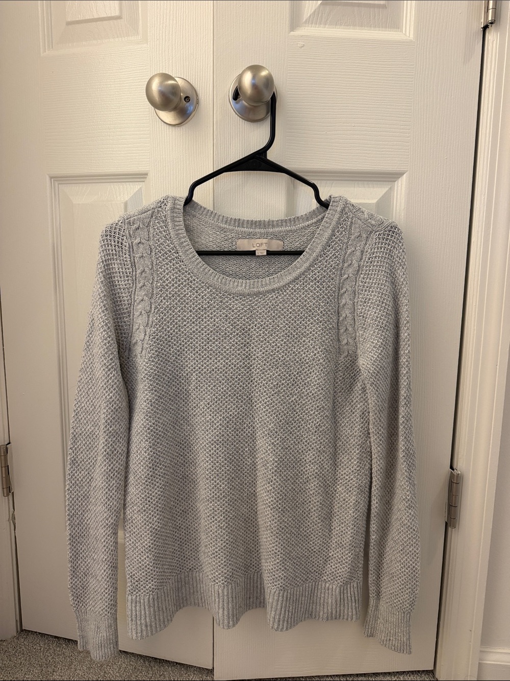 LOFT Light Gray Textured Cable-Shoulder Crew Sweater